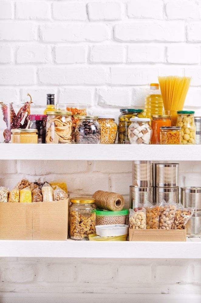 Set of long storage term foods on pantry shelf prepared for disa Nüsse und Trockenfrüchte in Vorratsgläsern